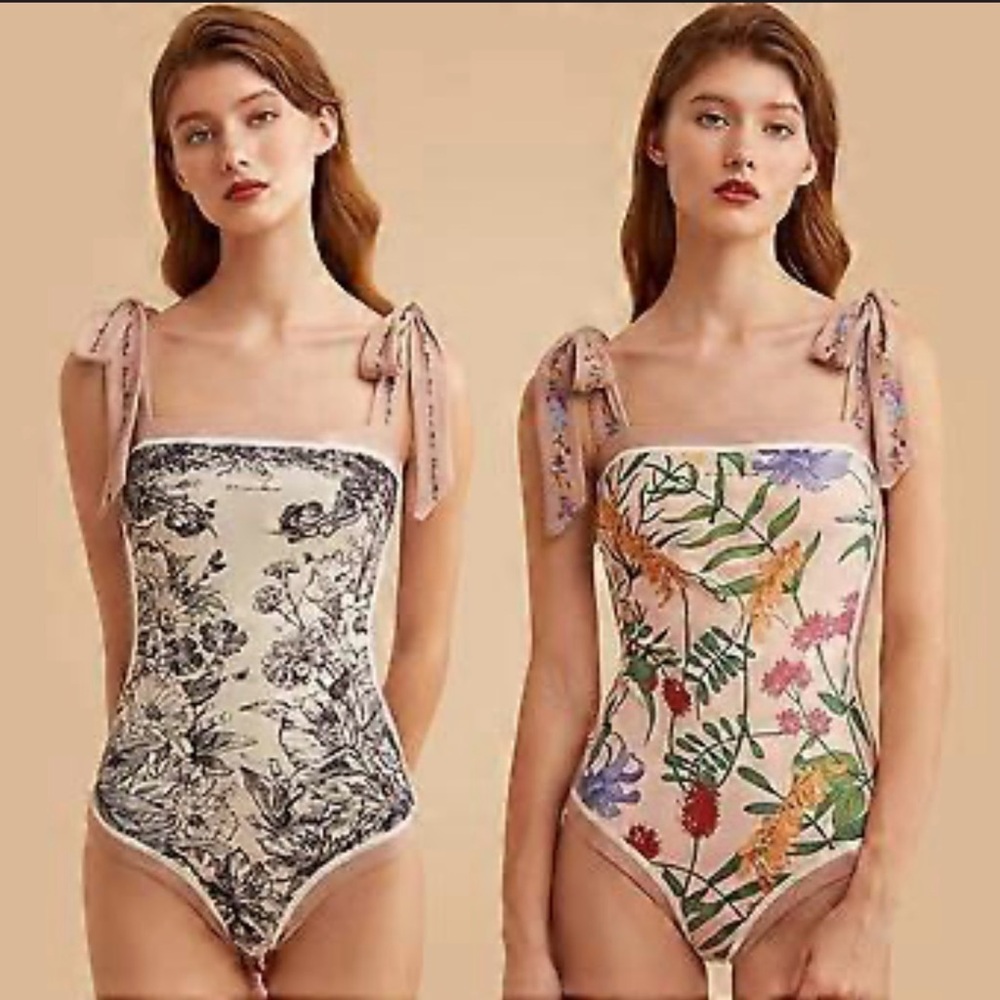 Floral Tie-Shoulder One-Piece Swimsuit - Cream Floral